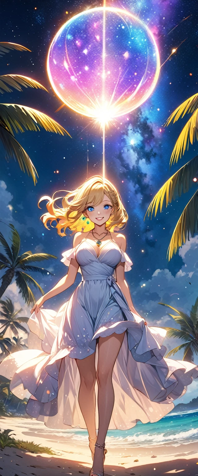 (masterpiece、Highest quality、8k、High resolution)、Best Style、(The most beautiful girl in anime)、(Clear skin、Clean blue eyes、Beautiful lips、Beautiful nose)、smile、Beautiful white upper teeth、Blonde Hair、Ample breasts、Walking on the beach、Palm tree、Beautiful starry sky、milky way、(Body、whole bodyからMystical particles of light、Mystical particles of light、Mystical particles of light、Colorful Light、Vibrant colors)、The area around the head is brightly lit with a mysterious light.、Vibrant colors、(jewelry、necklace)、dress、(whole body)、Highly detailed anime art、A complete portrayal、