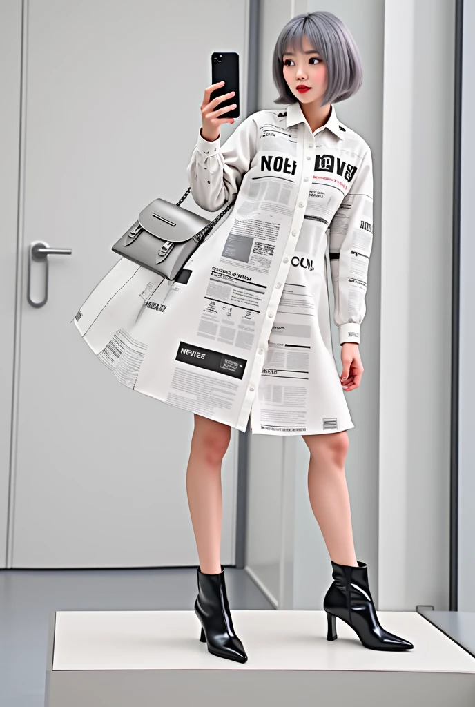 highly detailed, beautiful, hyper Realistic girl, masterpiece, best quality, Japanese sexy gravure woman, 28 years old, identity hidden, takes a selfie in her room using a smartphone in front of a mirror with one hand, fashion model Posing, looking away from the camera, /// gray short hair, light color eyes, Realistic skin, Detailed face, /// Design a futuristic fall fashion ensemble centered on white, keeping in line with minimalist aesthetics. (wearing a All News Paper Print Big nylon Shirt, Monotone color). Complete the look with black ankle boots that have a metallic finish and a translucent, geometric silver bag. The overall vibe should exude a sleek, forward-thinking style that seamlessly blends modern minimalism with a touch of the future, /// Monotone simple modern taste single room, mirror, complicated background,