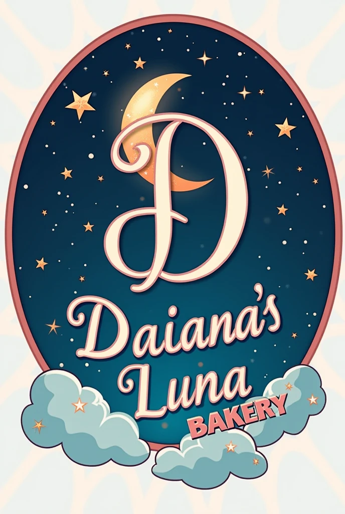 Create a logo with the initials D & L in italics, In the shape of a circle put the name Daiana's Luna Bakery And in the background Combine the moon with stars that look like small sweets or candies, integrating pastry into the starry background of the moon.