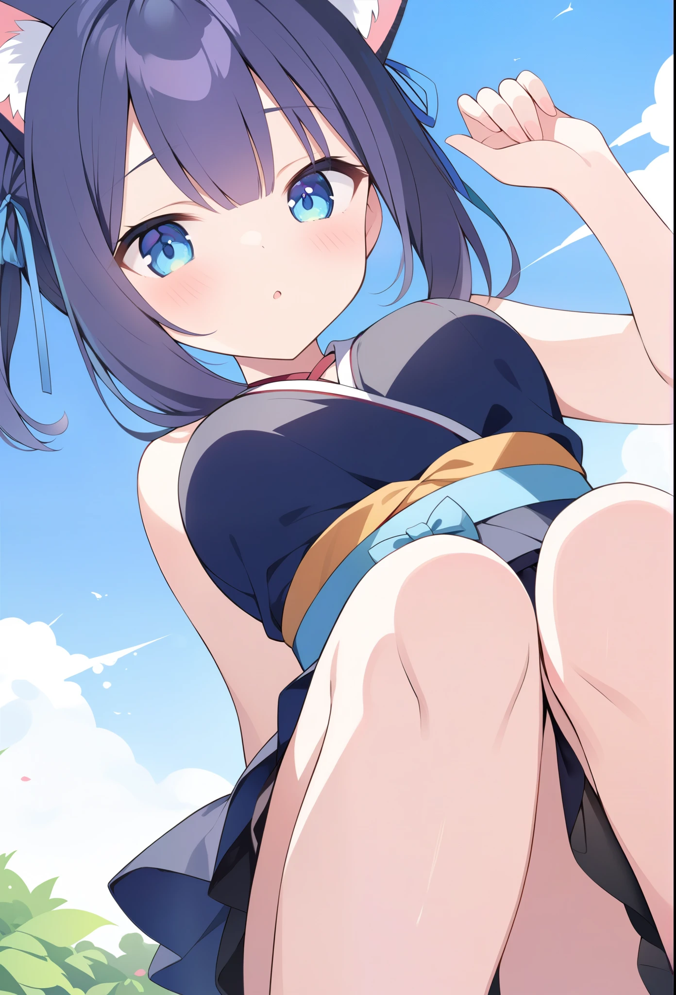 best quality, masterpiece, ultra detailed, highres, 8k, extremely detailed CG, super detailed skin, detailed beautiful face and eyes, highly detailed background,blush, bare upper body, breasts, dark blue micro skirt, no panties, small breasts, erect nipples, medium bob, brownish black hair, light blue eyes, open mouth, after sex, the wind blew skirt up, pleated skirt, navel, no bra, looking at viewer, on the roof, standing, spread legs,full body, cum in pussy, cum on breasts, stick out one's breast, barefoot, blue sky,