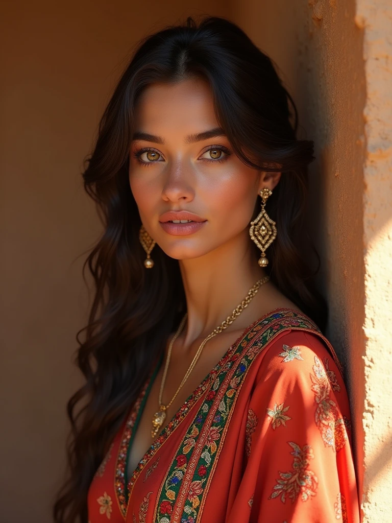 Beautiful Moroccan girl, Dark brown eyes, 26 years old, Almond-shaped eyes, Oval face shape, Wavy Hair, 170cm, 65kg, Highly detailed face, Detailed skin texture, Graceful pose, Colorful Moroccan Dresses, Gold Jewelry, Natural light, Dramatic Shadows, Warm color palette, Portraiture, Realistic, photoRealistic, 8k, Swimwear