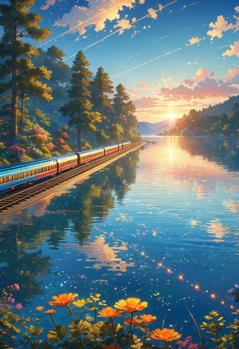score_9, score_8_upper, score_7_upper,(((Train running on water))),Large Lake,beautiful水面,(((Side Angle))),Angle from afar,Stations on the water,Lake as far as the eye can see,(((blue))),summer,horizontal line,Morning Glow,Starry Sky,Streaks of Light,(masterpiece, Highest quality, Highest quality, Official Art, beautifull, beautiful:1.2,Ray Tracing),Very detailed,Blue tones,Very detailed, (Fractal Art:1.3),  Most detailed, High resolution, Impressive visuals, (Dynamic Stripes, Light trail:1.2), Vibrant colors ,Detailed Images
