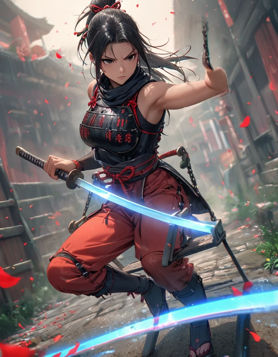 Highest quality, Great quality, 16K, Unbelievably absurd, Very detailed, delicate and dynamic, Natural light, The particles reflect light, Diffuse reflection of light, Many rainbow-colored petals fall, Sparkling Sun, Diffuse reflection of light, Create amazing image effects, Cool girl, Serious, passion A female ninja, full body, (Beautiful hands:1.5), ponytail hair, (Japan Armor,ninja suit:1.2), (bare arms, bare thighs:1.2), katana, japanese long sword, (Wielding a sword:1.5), (dynamic angle:1.2), agressive posing:1.2), fantasy, in the battle field