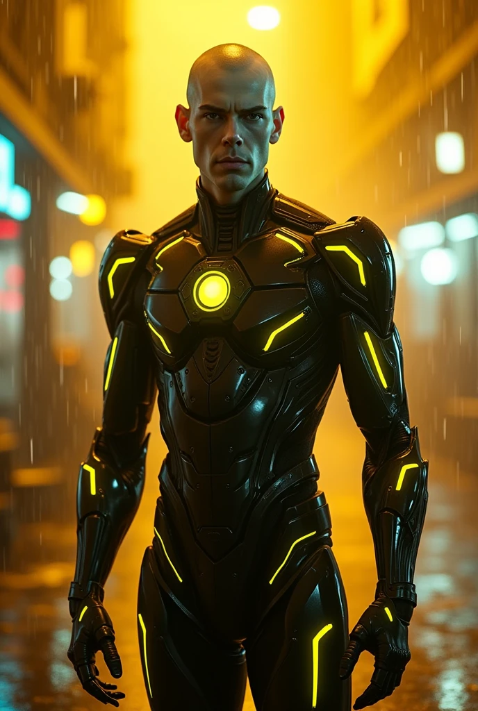 Create C.L.U. From Tron legacy in a rainy yellow neon cyberpunk background make them a white male make him more like C.L.U. From Tron legacy more like tron more like C.L.U. With yellow neon make the character like C.L.U. From Tron legacy make him in a futuristic orange neon suit make him a full body Tron suit make the suit black with yellow neon stripes