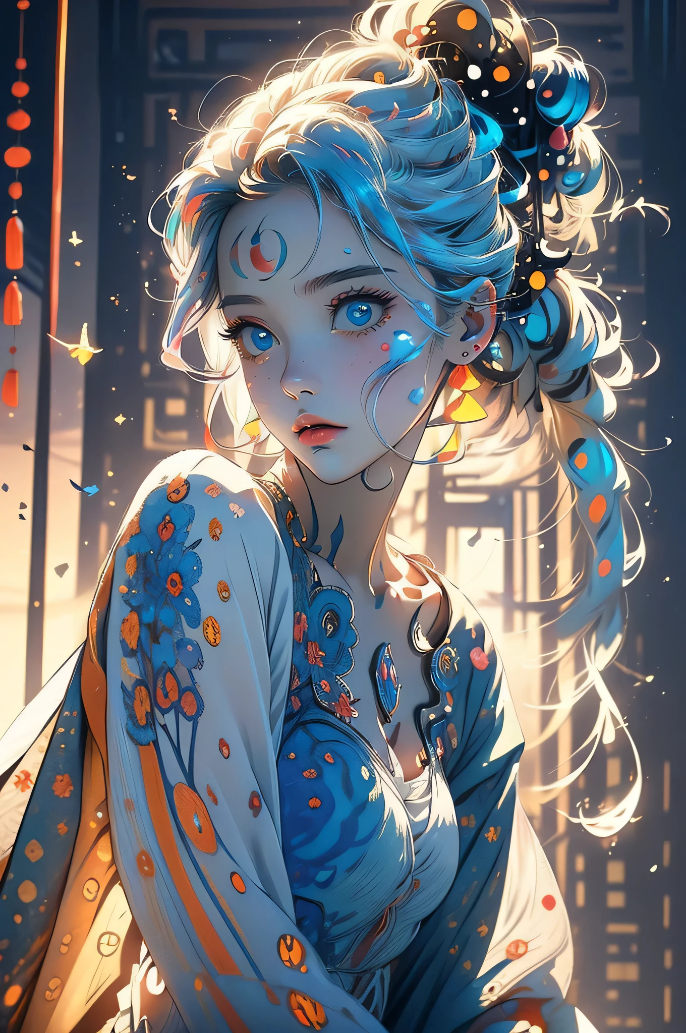 (((masterpiece))),(((best quality))),((Extremely detailed)),(illustration),(Dynamic Angle), ((floating)),(painting),((Messy hair)), (Solitary),(1 Girl), , (((Delicate anima face))),((Beautiful and delicate face)),collar,Bare shoulders, White hair, ((Colorful hair)),((Striped hair)), Beautiful and delicate eyes,(Gradient eyes),(((Colored eyes))), (((Colored background))),(((High Saturation))),(((Surrounded by colorful colors))),(((with colorful dots around))),Colorful bubbles,((shining))