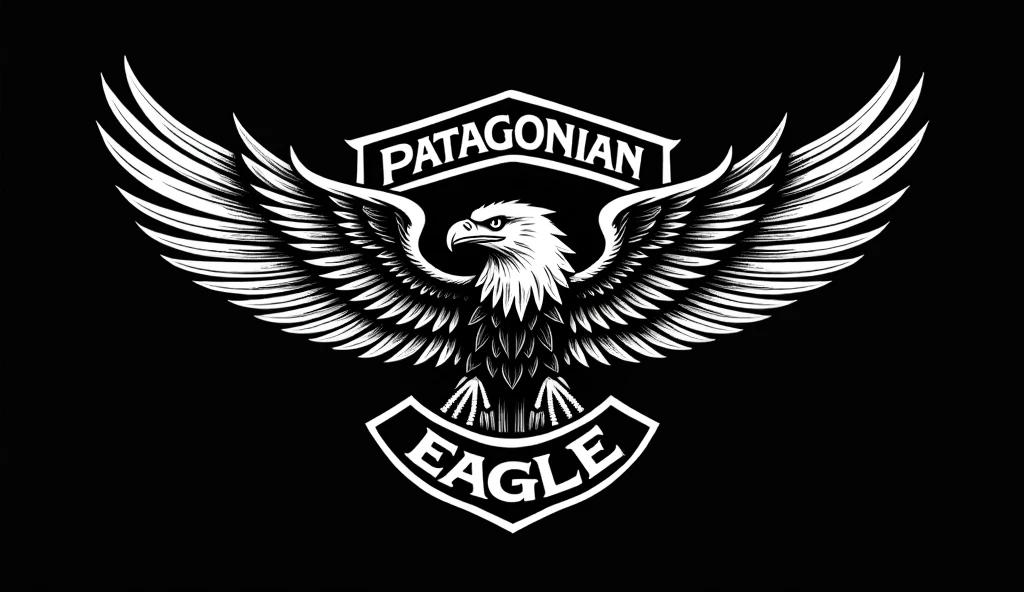 I wanted a logo with a black background and white lines and figures in the style of a motorcycle logo., Using Harley Davidson style shields or similar and an old school style with a black background and white or vintage lines and figures. Inside the shield at the top of the logo it has to say the word "patagonian" and at the bottom the word "eagle" and in the center the figure of an eagle or the head of an eagle.