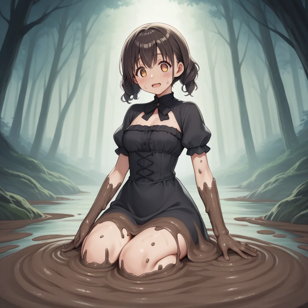 masterpiece, score_9, score_8_superior, score_7_superior, score_6_superior, Cute dark horror fantasy in cartoon style,Fairytale Dark, CG Digital Art, Dark swamp, Mud Demon, (The lower half of the body is muddy, From the waist down, I was fused with mud., 腰からsuperiorが人の形, 沼から見superiorげている)