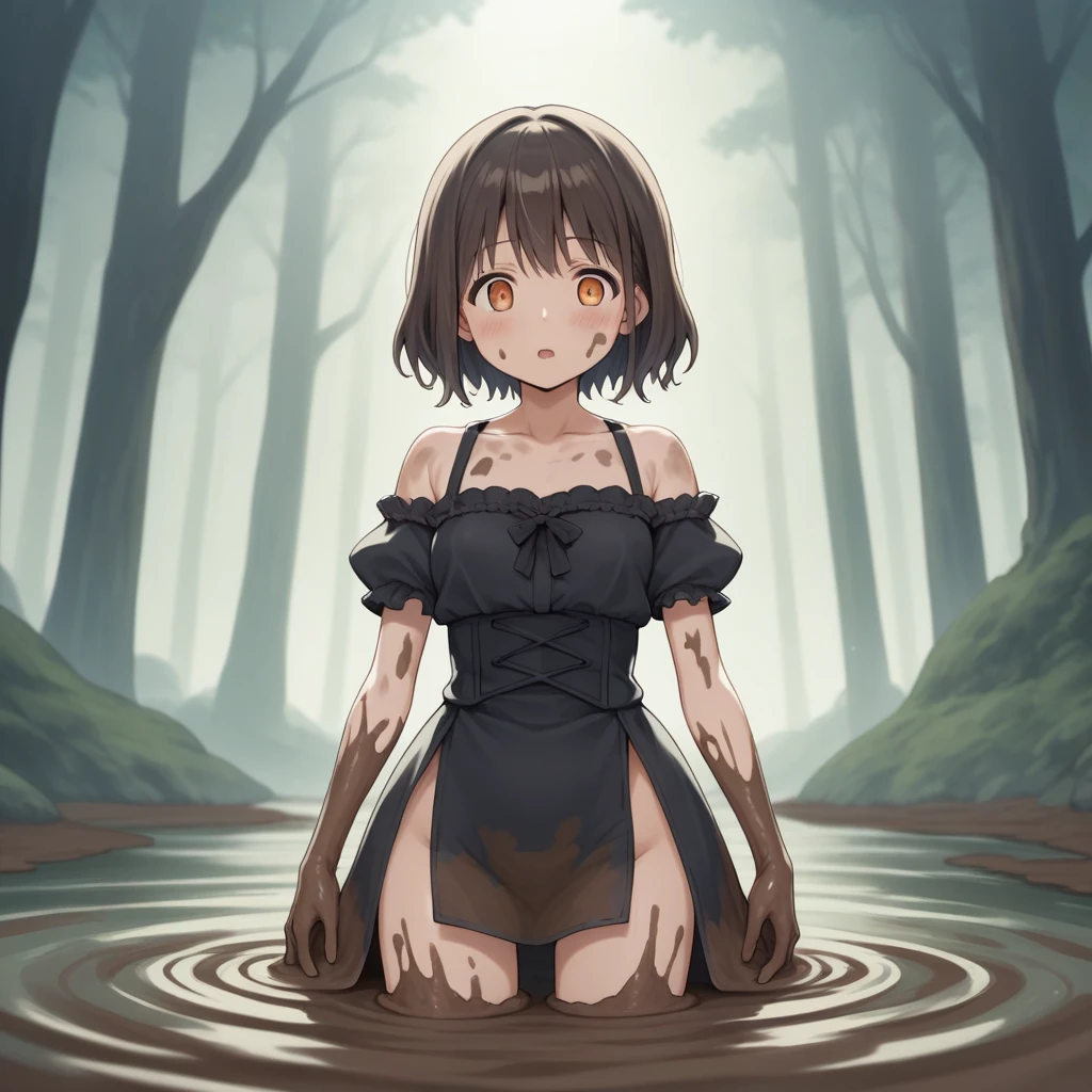 masterpiece, score_9, score_8_superior, score_7_superior, score_6_superior, Cute dark horror fantasy in cartoon style,Fairytale Dark, CG Digital Art, Dark swamp, Mud Demon, (The lower half of the body is muddy, From the waist down, I was fused with mud., 腰からsuperiorが人の形, 沼から見superiorげている)
