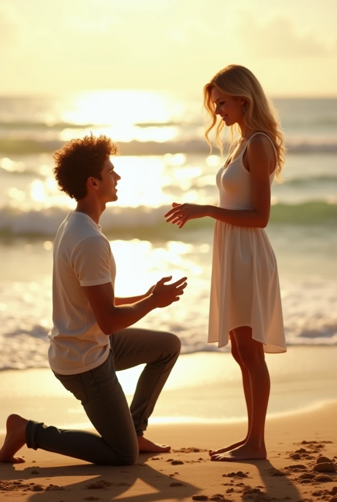 Realistic image of a blonde woman with blue eyes and her boyfriend, a man with curly brown hair, proposing to her on the beach in the sun