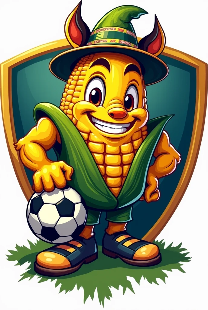 I want a football mascot, for a shield that is animalistic, that it be an ear of corn with a hat and that it have a soccer ball on its leg