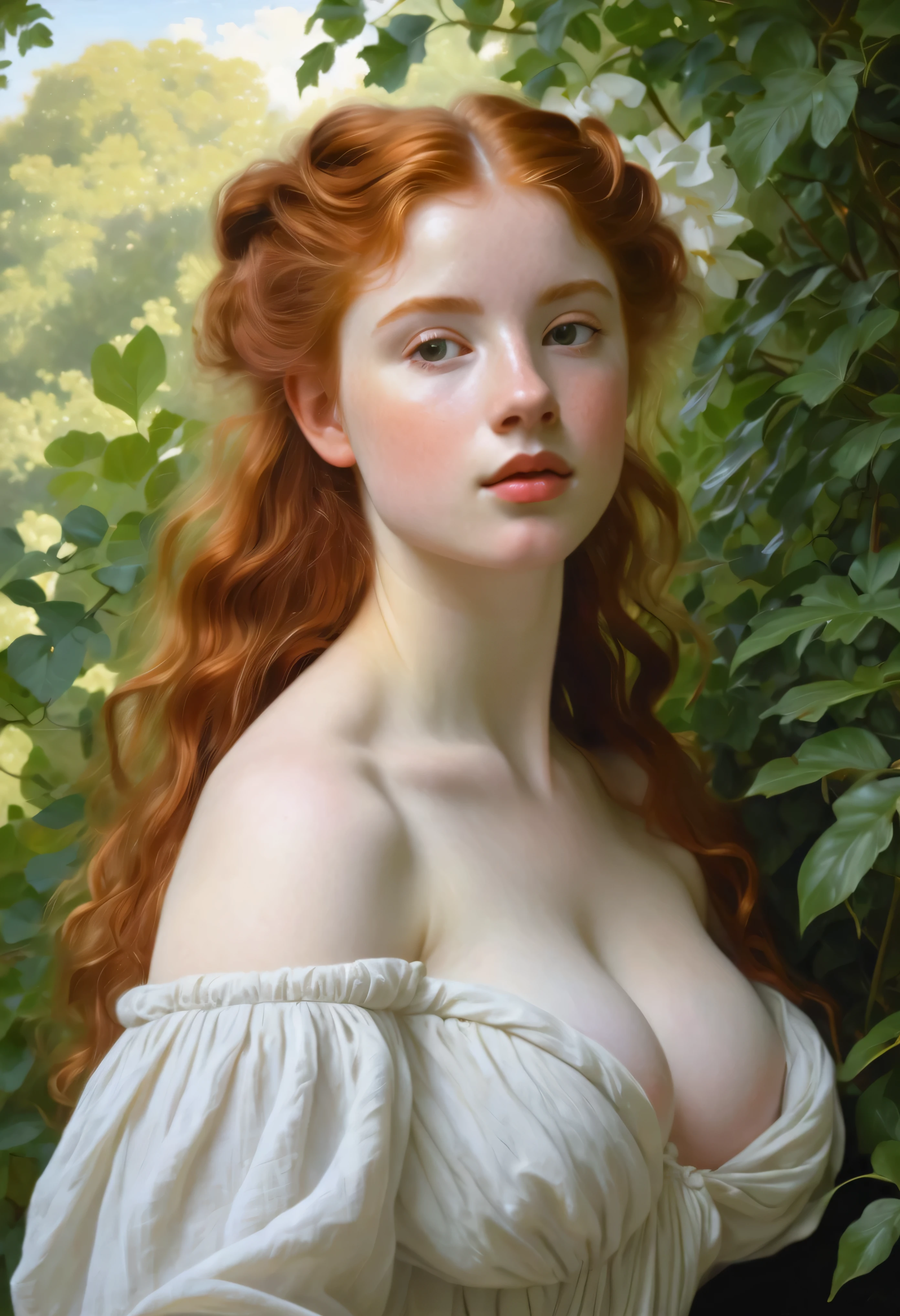 painting of a pale skin muscular 18 year old redhead girl with huge breasts in a classical setting, featuring intricate details in her delicate facial features, graceful posture, and soft flowing hair, surrounded by lush greenery and soft dappled light, in the style of William-Adolphe Bouguereau, capturing the essence of beauty and realism