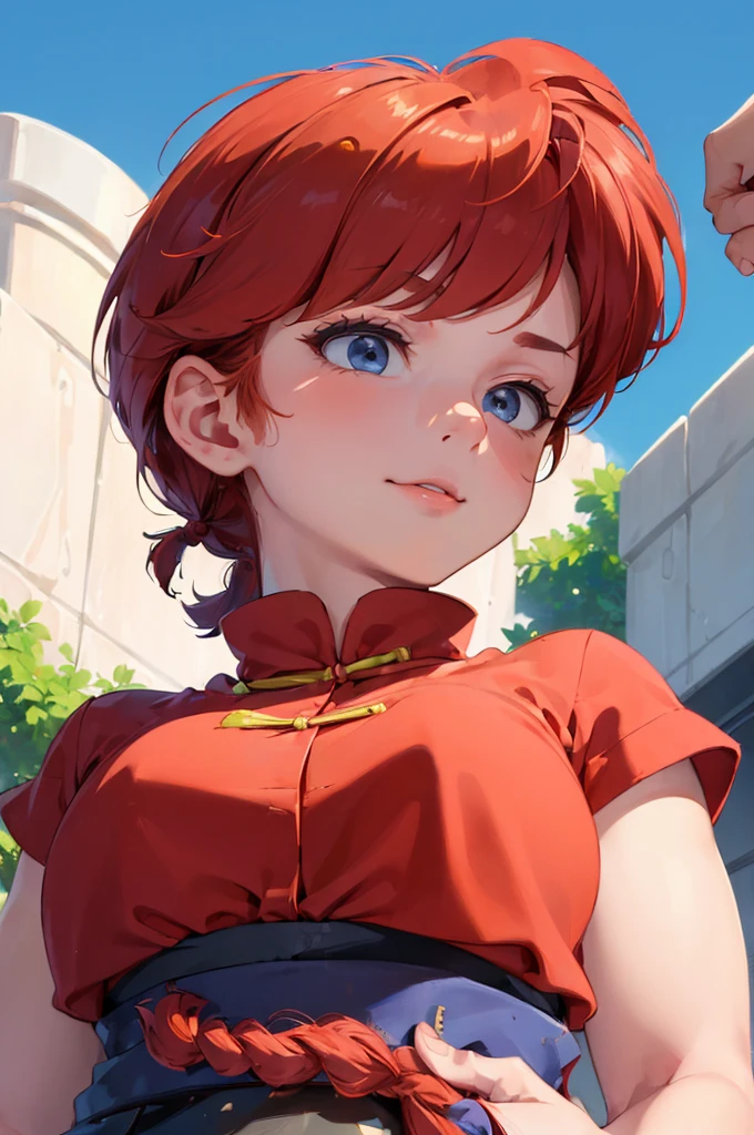 ((masterpiece:1.4)), expensive quality,(((Completely naked))), very_expensive_solve, big_file size, Full Color, Thick outline, Clear contours, colorful, (Beautiful fine details), ((Beautiful Face:1.0)), ((Boyish face:1.4)), 1 girl, (ranma), (Redhead), short hair, (Braided Ponytail), ((bangs)), bumpy bangs, Blue-gray eyes, Big Breasts, Curvy, ranma, Braided Ponytail, ), Are standing, Full Body, Cowboy shot,((From below:1.4)), ((Portraiture:1.8)), ((Inter-share focus:1.4)), ((Happy))