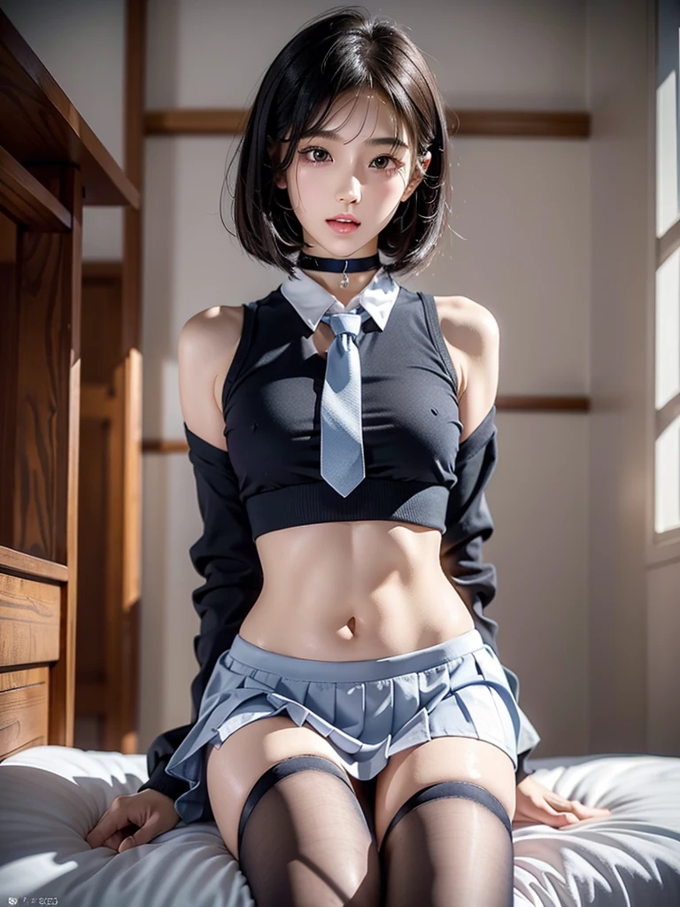 bed in figure fingertips touch own lips with self hand while kneering down and positive approaching for a kiss neat pure beauty girl is beautiful japanese female and beautiful russian female mixed race only in the face age is 15 features of the whole body black hair medium straight box bob cut hair style beautiful small face with short eyelashes boyish eyes only high nose dark blue pupils very thin upper lip milky white skin accurate attractive body shape beautiful nomal size bust waist hips thighs knees legs choker and tie on neck take off school uniform with dark blue skirt half opend eyes shy enamored face kindly and slight