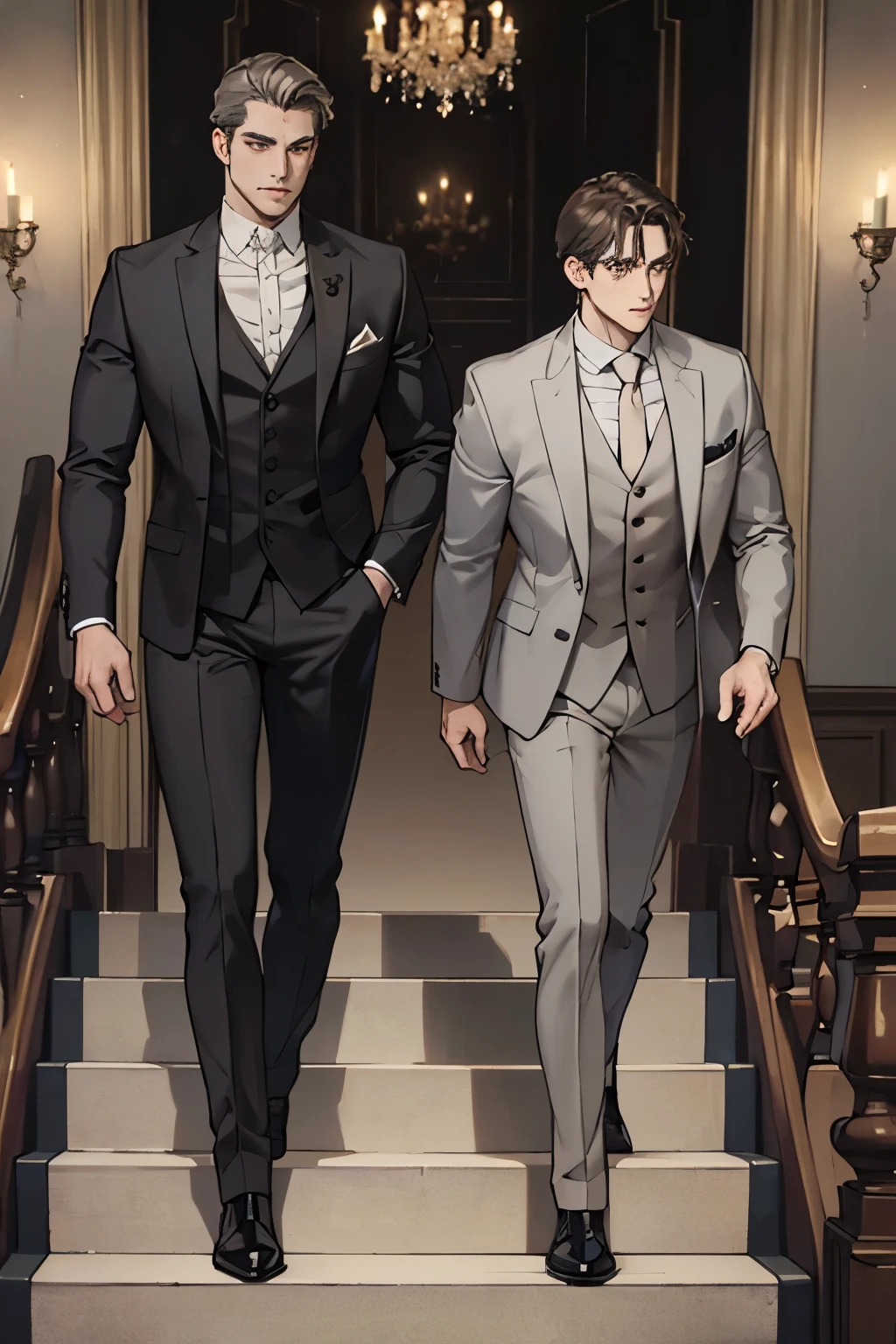 ((best quality)), ((masterpiece)), (detailed), A handsome man in a brown gray suit，A bodyguard in dark clothes，Two people walked up the stairs of the villa to the living room，Perfect face perfect hands