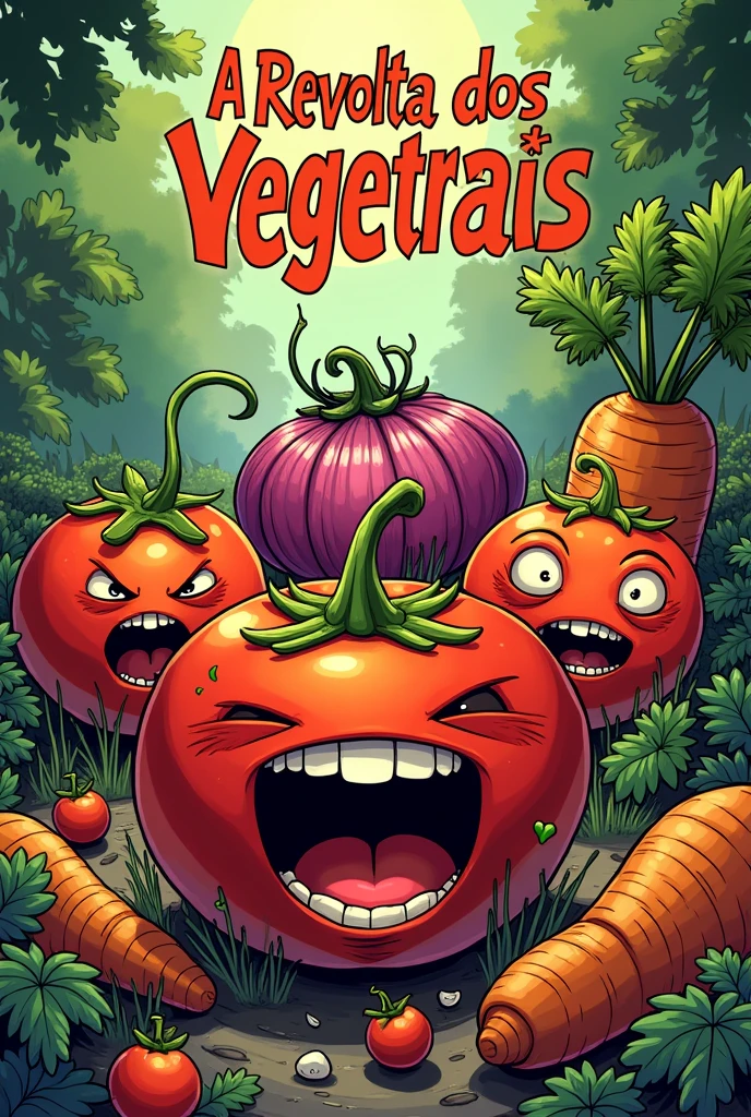 Create a comic book cover with a title " the vegetable revolt " com tomates , onions and carrots . Without humans and in Portuguese why?/br