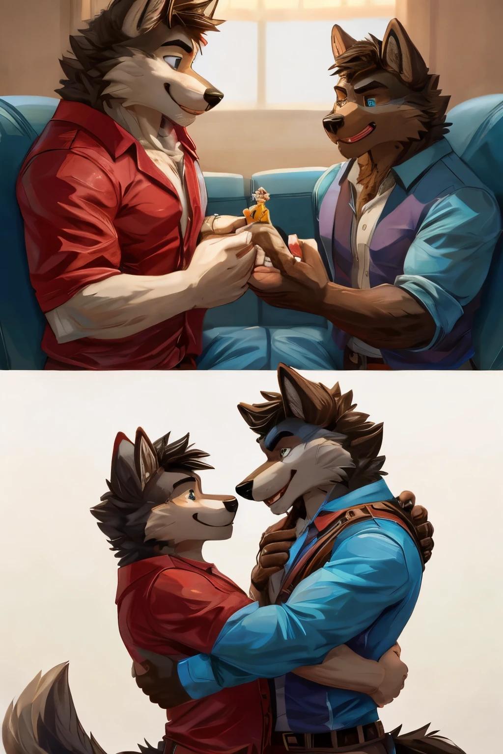 Male wolf furry holding their brother, who shrunk