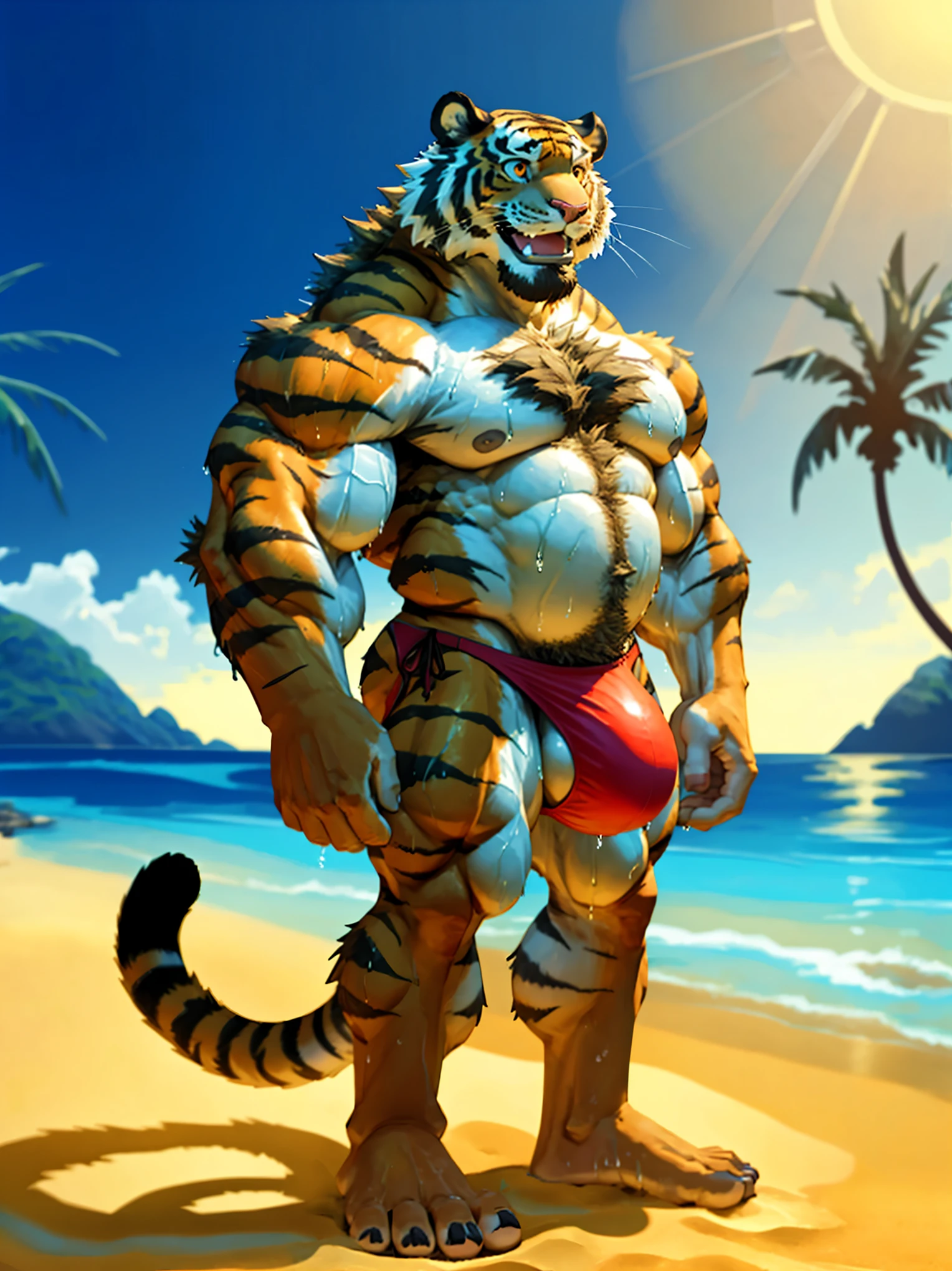 Male tiger、Golden tiger、Completely naked、Huge penis silhouette、Huge scrotum silhouette、Very large amount of pubic hair、Very large amount of chest hair、very large amount of axillary hair,、Very large amount of belly hair、Red Bikini、Great smile、Side view、Great smile、Beach Background、Tropical Island、Beach、Hands touching the crotch、Hugely bulging crotch underwear、Nioh Standing Pose、One hand raised pose、Very wet body、Abnormally large muscles、Abnormally large abdominal muscles、abnormally developed muscles、Golden big eyes、Sharp toenails,、Composition looking up from below、White, shiny teeth、Wide open mouth、Desert Island Background、Palm tree