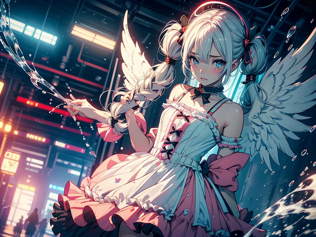Hair shaking, victory, Long eyelashes, Solid round eye, A faint smile, ear blush, direction, (White hair), cosmetic, blush, sad, sad smile, shadow, Relief, Atmospheric perspective, 8K, Super Detail, precise, best quality, (Cyberpunk), Movie Lighting, masterpiece,(1 Girl), ((((Short twin tails)))), Colorful hair, flight, Pink bow,((Female Model)), (Angel Halo), ((( wing ))), bold, striking, fashionable, panoramic, Eye level shot, tiling from below,, (((Lolita dress))), (((Wide-angle lens))), (((( Splash of Color )))),8k,Ultra-clear