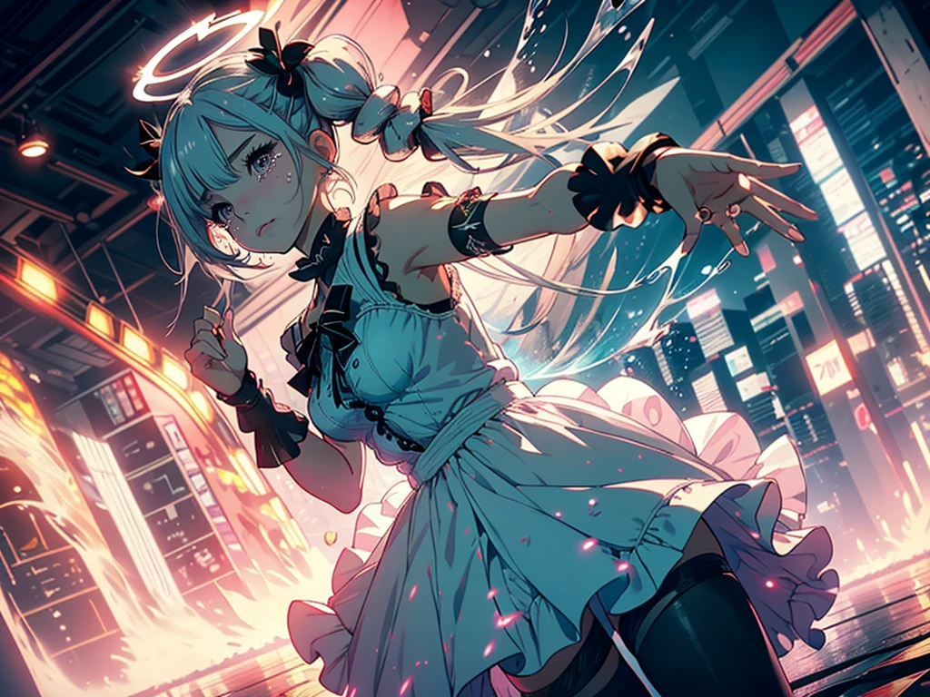 Hair shaking, victory, Long eyelashes, Solid round eye, A faint smile, ear blush, direction, (White hair), cosmetic, blush, sad, sad smile, shadow, Relief, Atmospheric perspective, 8K, Super Detail, precise, best quality, (Cyberpunk), Movie Lighting, masterpiece,(1 Girl), ((((Short twin tails)))), Colorful hair, flight, Pink bow,((Female Model)), (Angel Halo), ((( wing ))),  bold, striking, fashionable,  panoramic, Eye level shot, tiling from below,, (((Lolita dress))), (((Wide-angle lens))), (((( Splash of Color )))),8k,Ultra-clear