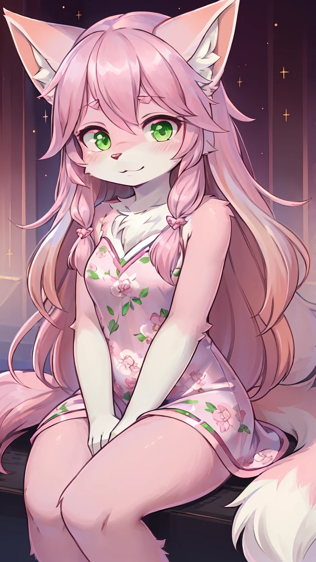 (fluffy anthro furry :1.6),(young :1.6),fox girl,long hair,wavy hair,(pink hair :1.6),green eyes,sparkle eyes,glistering eyes,glowing eyes,(pink fur :1.6),floral hair ornaments,sunbeam,shiny skin,full face blush, white one-piece dress laced ,sitting