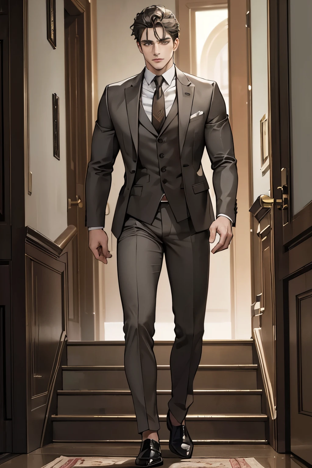 ((best quality)), ((masterpiece)), (detailed), A handsome man in a brown gray suit，A bodyguard in dark clothes，Two people walked up the stairs of the villa to the living room，Perfect face perfect hands