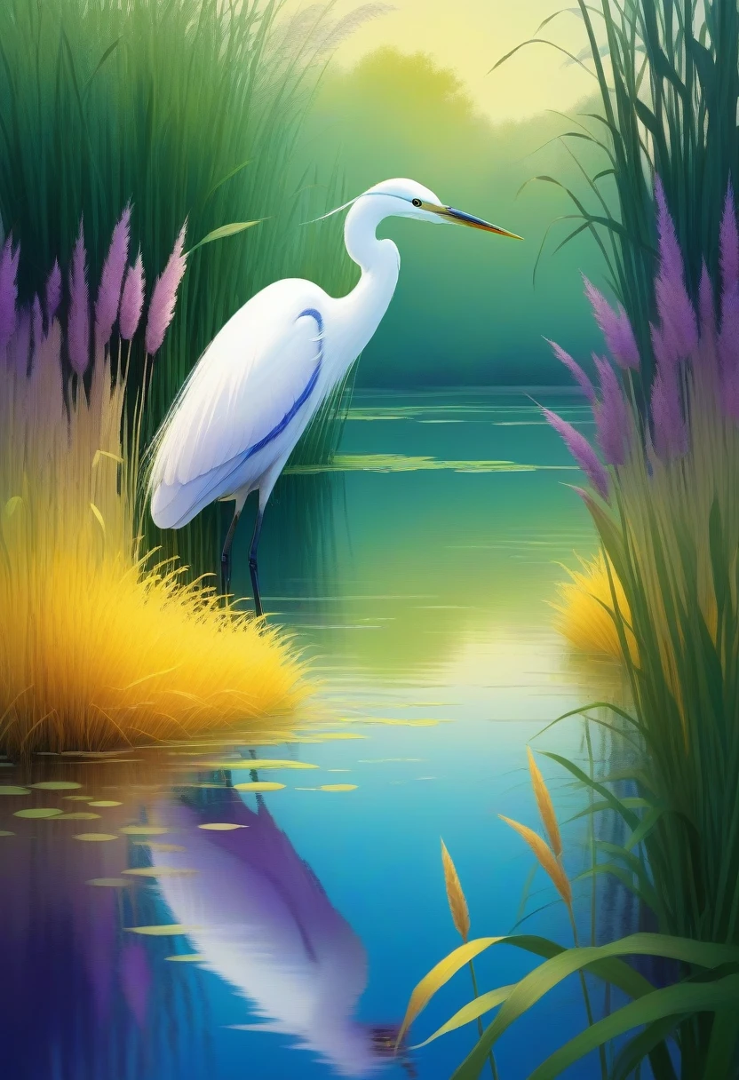 Tranquil landscape illustration, Close-up of a blue and purple gradient lake,A white heron looms among the yellow-green reeds, Natural landscape paintings, Studio Ghibli style, Delicate texture, Rich color variations, silent, landscape illustration, 8K