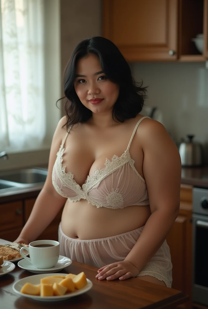 Masterpiece, beautiful girl, thick figure, sexy, Thai chef (((cook))), ((( countryside ))), cooking, ((( underwear, see through transparent, design The best outfit))),(((Large chest, wide hips, puffy,(((most realistic))),32k.