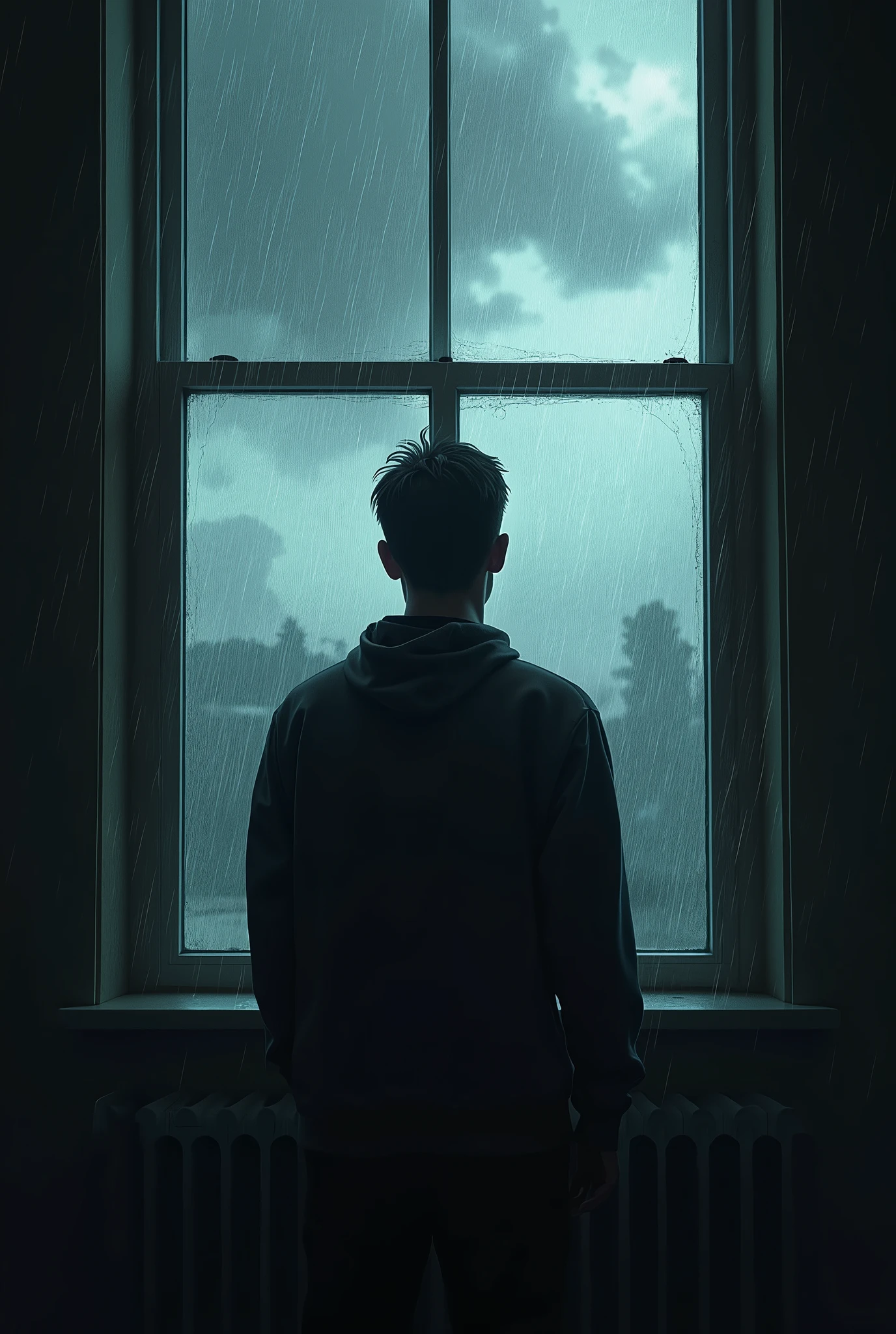 Man behind the Window, View Back, HARD RAIN OUTSIDE