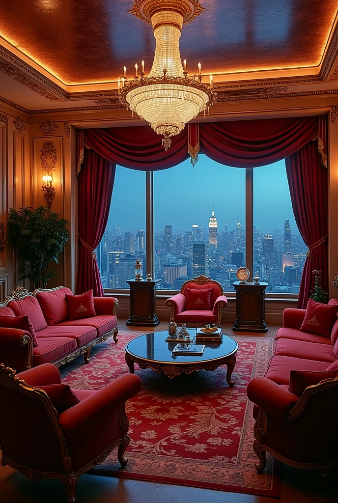 Make me a room in the old money style of the 80s, put in a very luxurious, very extravagant TV from that time, so that it can be used at night, so that the kitchen is millionaire and it is a penthouse