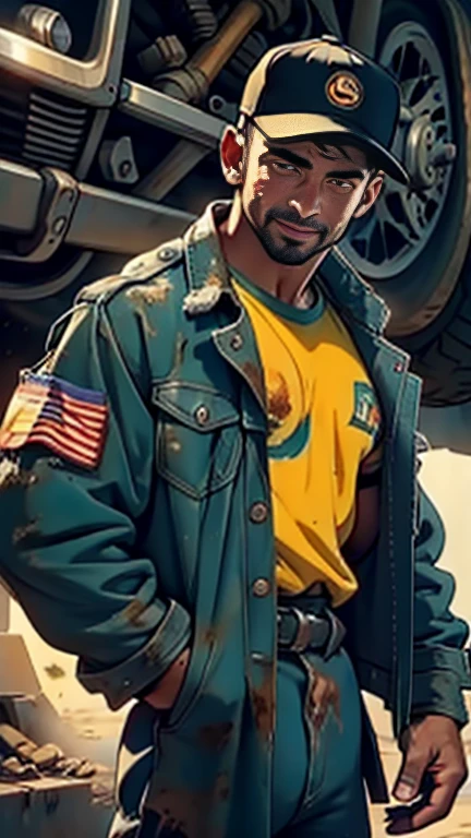 28 years old INDIAN car mechanic color body weared dirty mechanic tool jacket black grease stains on face and jacket