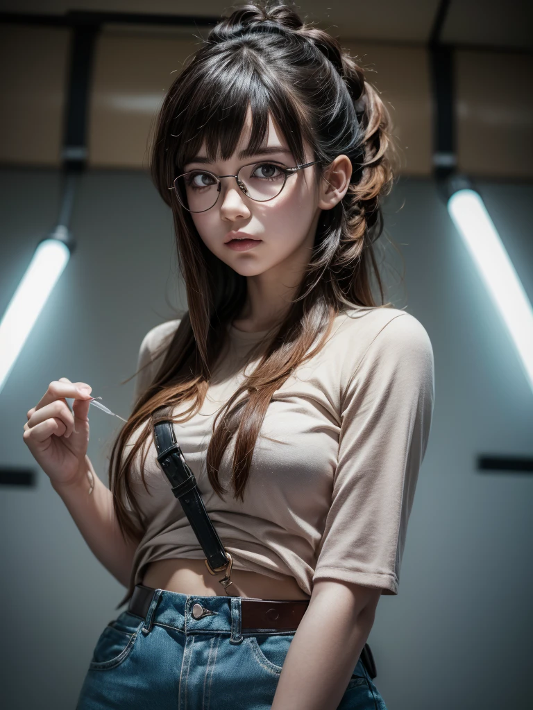 (8K、Raw photography、top-quality、​masterpiece:1.2)、(realisitic、Photorealsitic:1.37)、ultra-detailliert、超A high resolution、女の子1人、see the beholder、beautifull detailed face、A smile、Constriction、(Slim waist) :1.3)、((White blouse clothes))、Beautiful detailed skin、Skin Texture、Floating hair、((Hair bunched into one))、small breasts、Professional Lighting、((Black square glasses))、Whole human body、Brown hair,