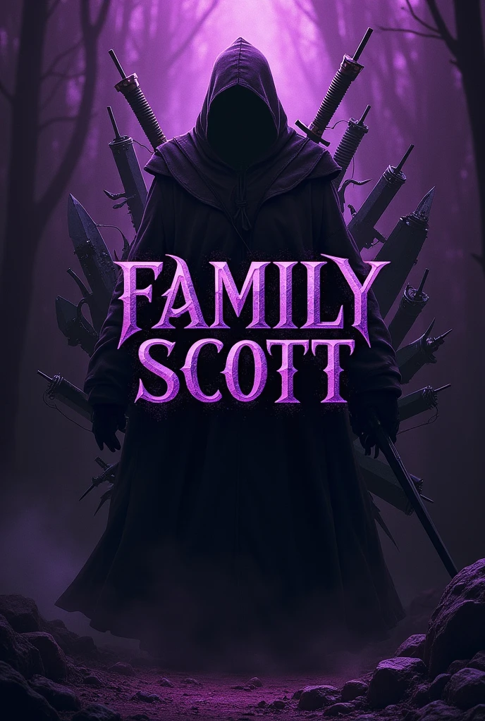 Generate an image with a purple background mixed with black and in the front written Family Scott with some weapons and details in black with purple.