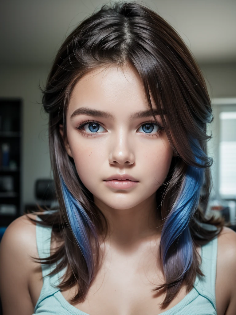 in the room, underwear, blush, Focus on face, hits, hair circle, For the blue