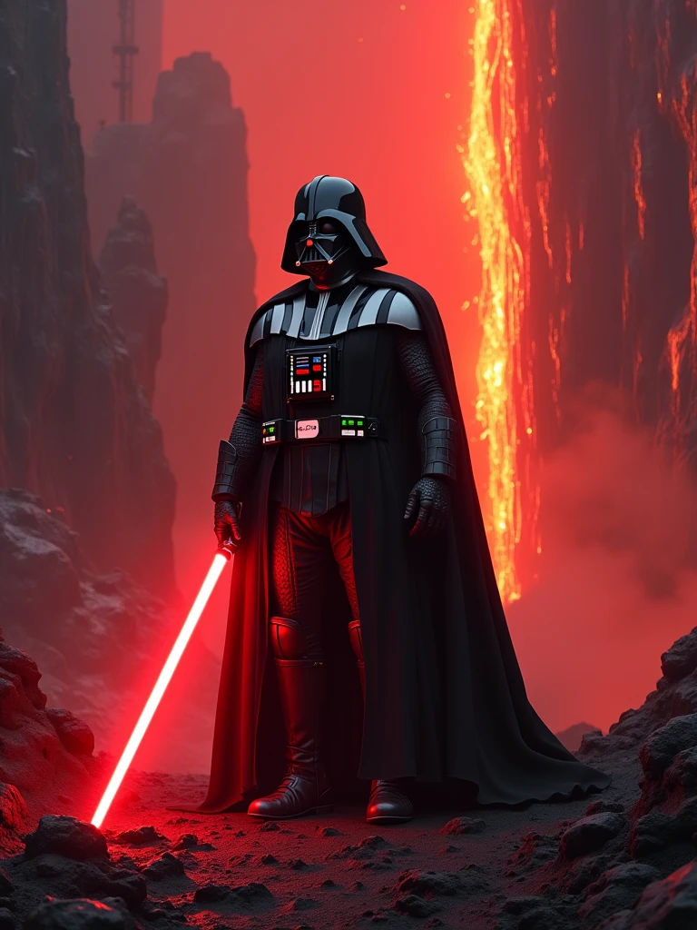 make darth vader on mustafar holding in his left hand a sith holocron with the death star plans, and you can see the death star project in a red hologram. in his right hand he is holding the activated red lightsaber. in the landscape behind vader, on the left, you can see vader's fortress from the comics and on the right a lava waterfall.