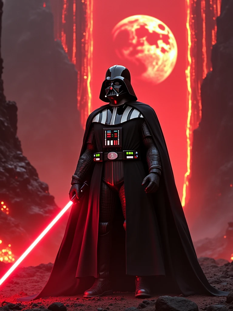 make darth vader on mustafar holding in his left hand a sith holocron with the death star plans, and you can see the death star project in a red hologram. in his right hand he is holding the activated red lightsaber. in the landscape behind vader, on the left, you can see vader's fortress from the comics and on the right a lava waterfall.