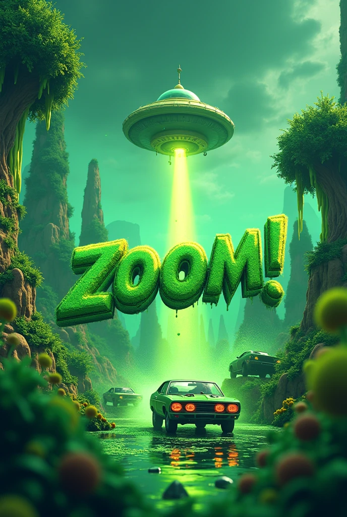 track cover art with word "zoom!" inside, the background is green cars, green slime and UFO