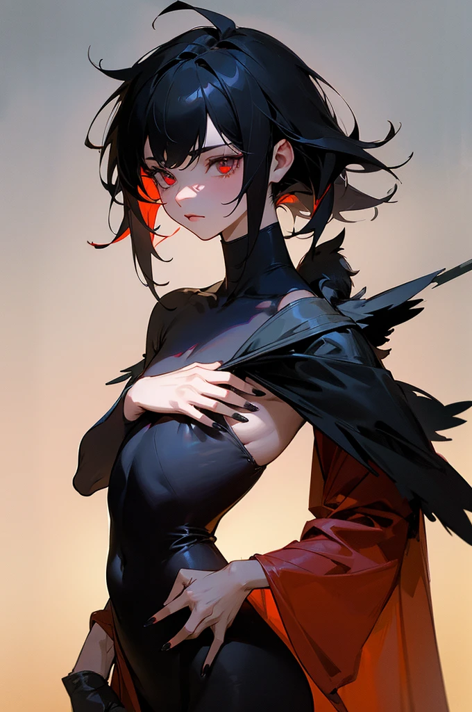 NSFW, short boy, feminine small shotacon, holding crow pet, small fragile body, black fur-lined clothes hanging on the shoulder, little to no clothes (showing core body), black hair, very messy mullet hair, bangs, shining crimson eyes, masterpiece, 8k, photorealistic, chiaroscuro lighting, dramatic shadows, cinematic composition, coast background, wearing black short, sharp black nails