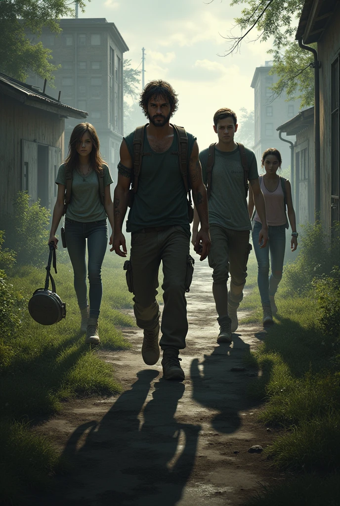 Generate me an image of a book cover similar to The Last of Us where four characters appear, Nick, a 28-year-old boy, Nia a 16 year old girl, Ellie a 17 year old girl and Joel a 30 year old man