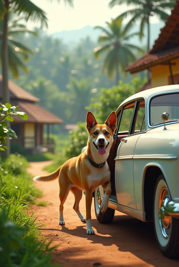 Dog opened his vintage white car's door and getting down his feet on traditional kerala village land. 