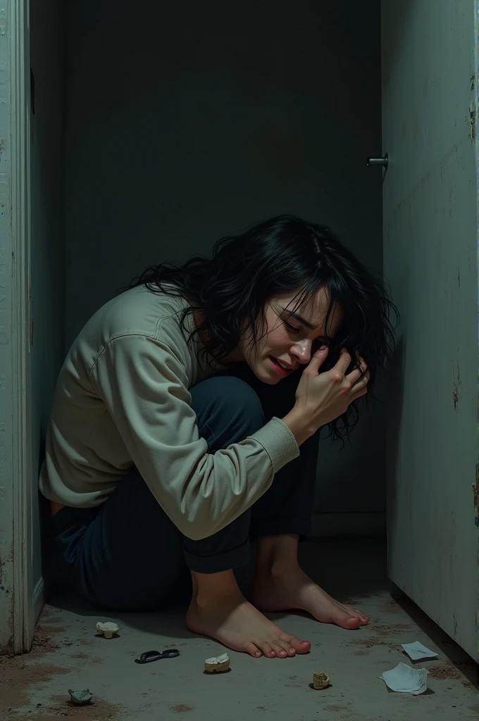 A non-binary person having an anxiety attack while pulling their hair sitting in the corner of a room