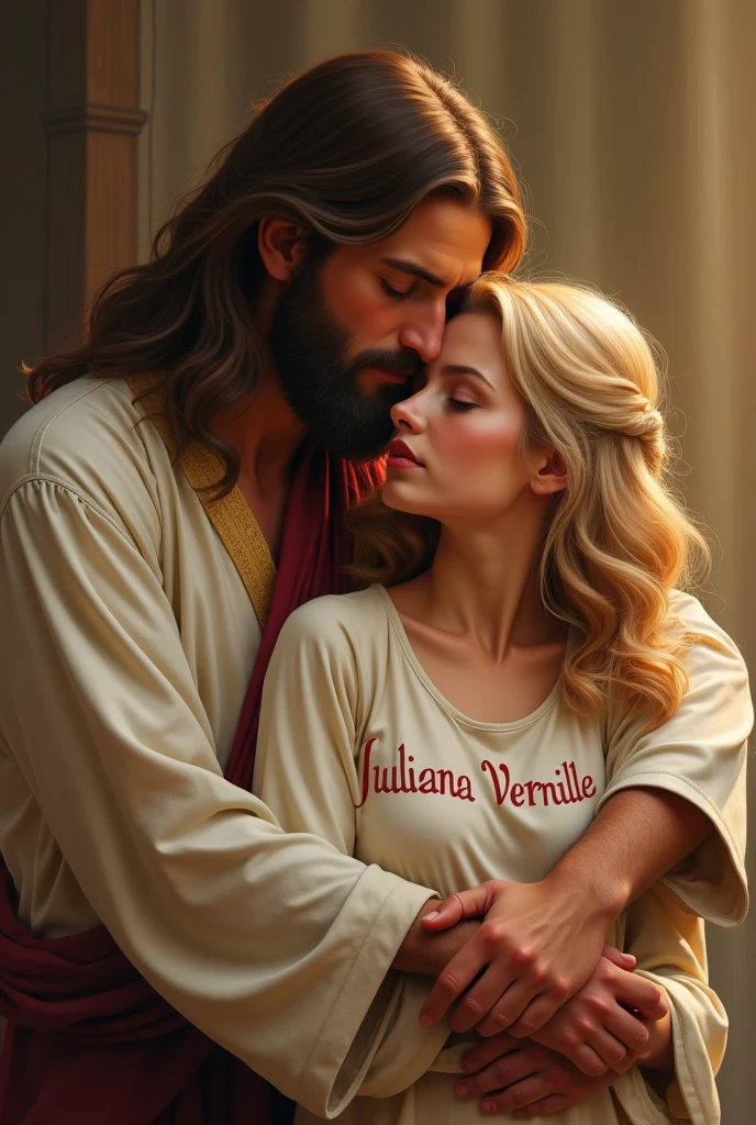 Jesus hugging a blonde with a blouse that says Juliana Vernille 
