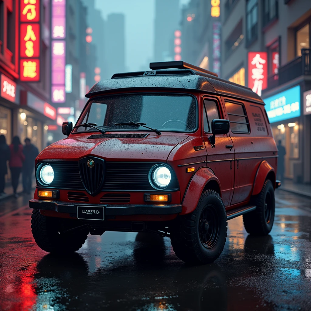 Cyberpunk Alfa Romeo retro armored van、Shallow depth of field、(masterpiece:1.3) (最high quality:1.2) (high quality:1.1)、Cinematic Light, ((Cinema Lighting),(Natural light),(High level of artistry),(artistic),(Indistinguishable quality from the real thing),RAW Photos,Genuine,Genuine,High resolution,RAW Photos,masterpiece, beautiful,