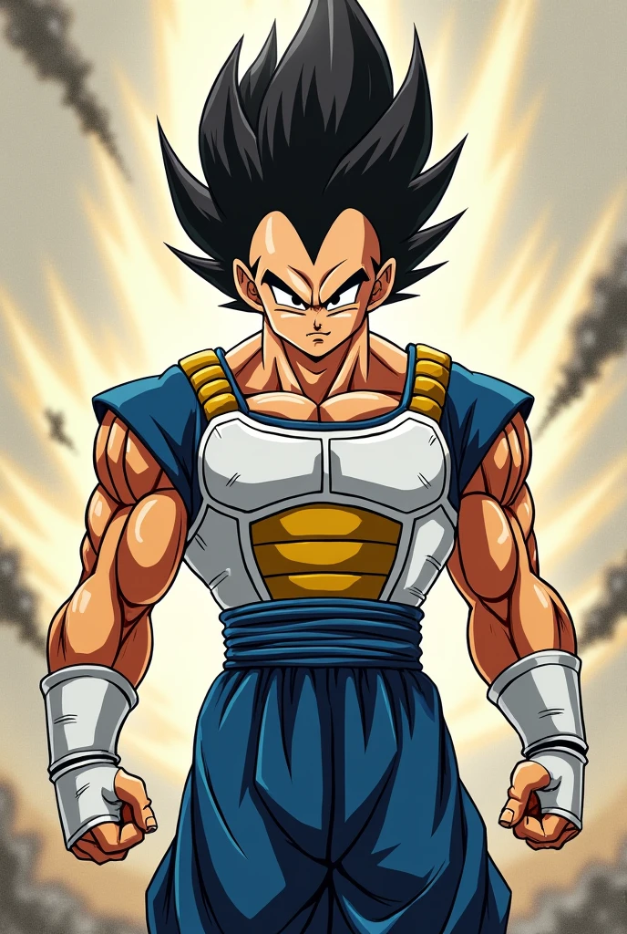 Appearance:Average height: Vegeta is of average height with a muscular build..Hair standing up: Vegeta's hair is black and spiky., very typical of Saiyan blood. In Super Saiyan state, his hair turned yellow.Saiyan Armor: Vegeta usually wears traditional Saiyan armor with blue and white tones., especially in matches