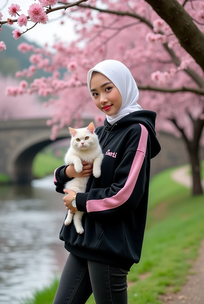 Beautiful white-skinned Korean woman, wearing a pink hijab, wearing a black knit hoodie with pink stripes, with the Santi logo, black jeans, boots, holding an Angora cat, wearing a watch, standing on a bridge, near a cherry tree, with a backdrop of blooming cherry trees , rivers, bridges, green grass, cherry trees, real photos