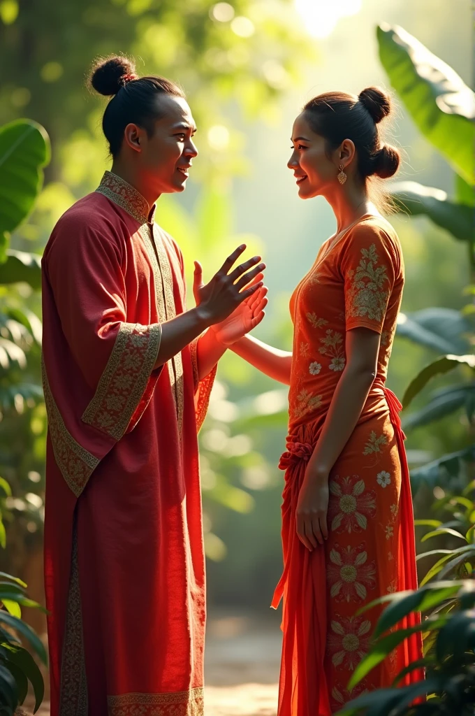 A man wearing a Thai dress is arguing with a woman wearing a Thai dress.