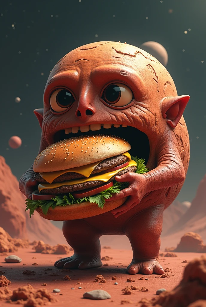 Planet Mars eating burger