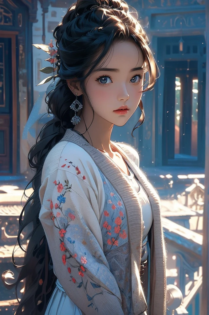 (Solitary:1.3)), 1 Girl, best quality, realistic, Reality, best quality, masterpiece, Very delicate and beautiful, Very detailed, (Selfie:1.2), Fine details, Ultra Detailed, HD, Very detailed, realistic, Ultra HD, best quality, Ultra HD, (real:1.4), High quality textures, Wearing a white thin summer sweater, On the roof, Bangs, Long hair , Afternoon Sunshine, Spectacular sky and clouds