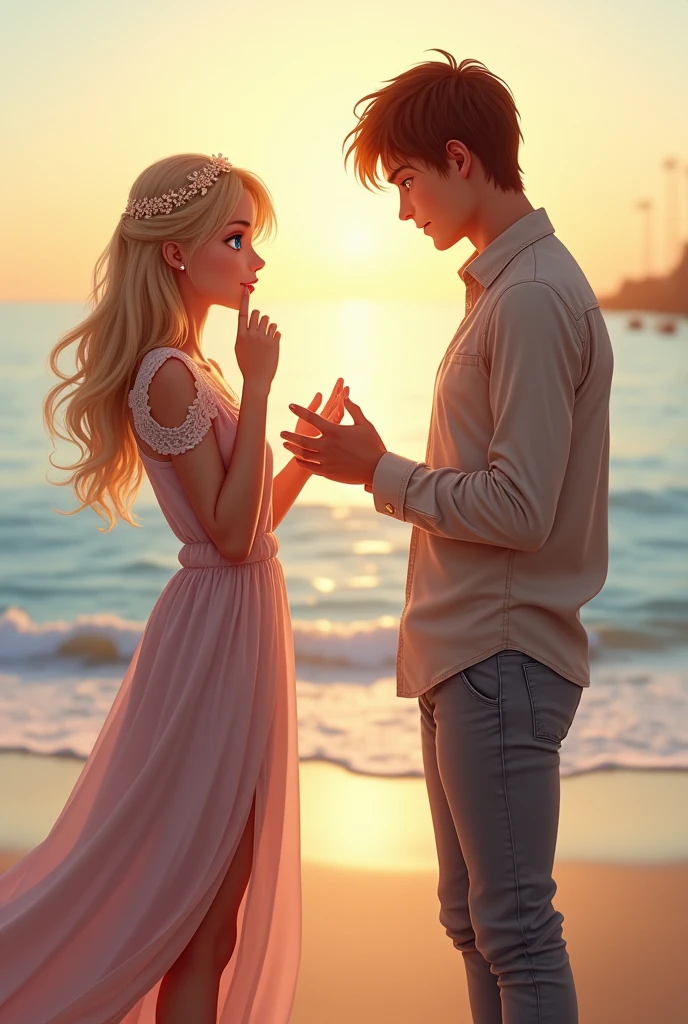 Realistic image of a blonde woman with blue eyes and her boyfriend, a brown-haired man, proposing to her on the beach incado 