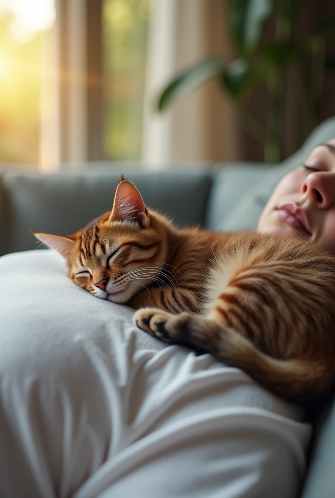 first-person perspective, Professional photography, I am lying on my back on the sofa in the living room taking a nap. My beloved brown tabby kitten is curled up on the chest of my white T-shirt taking a nap. When I wake up, I can feel the kitten's breathing directly on my chest. The moment I feel the kitten's warmth and look at its sleeping face is the happiest moment for me. sunshine comes inside from window, pastel bokeh effect, depth of field, subsurface light scattering, hyper Realistic, Professional photography, Cinema Lighting