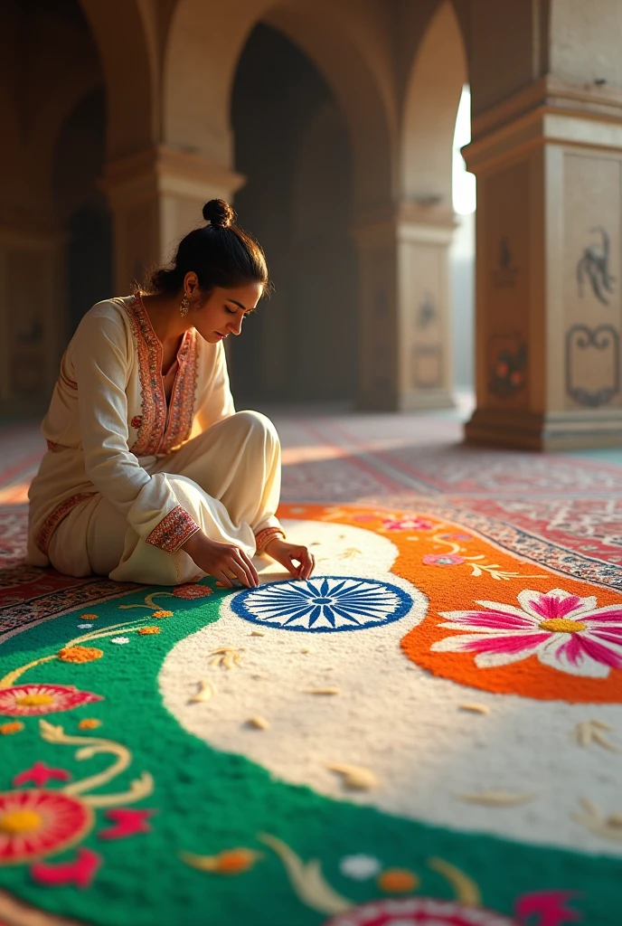 A indian woman printed indian flag rangoli on floor at makka madina